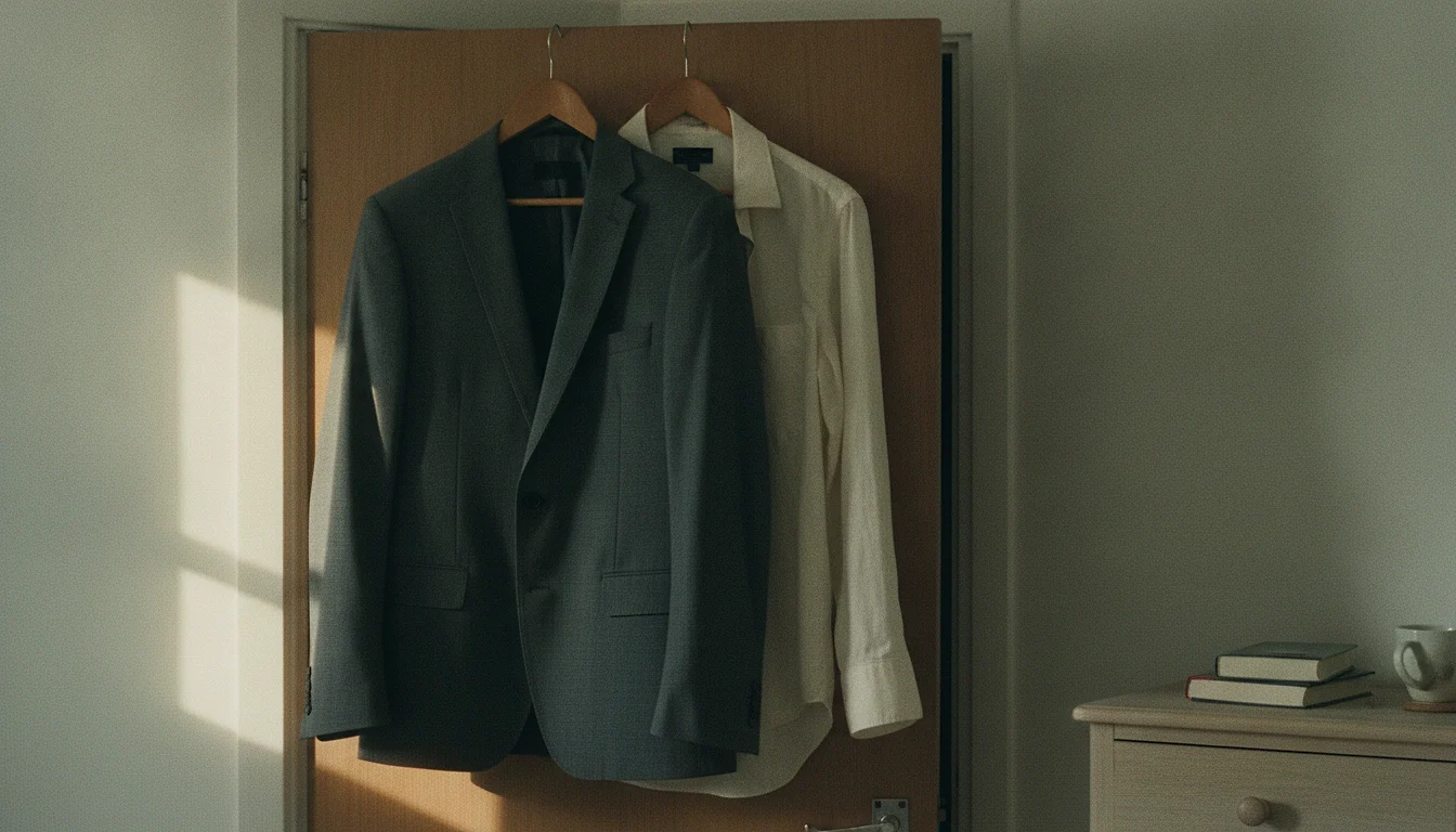 A pressed suit jacket and a clean shirt hanging on a wardrobe door in quiet morning light.