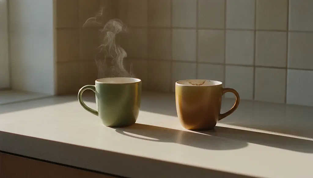 Two mugs stand a hand's width apart on a sunlit kitchen worktop; steam rises from one and not from the other.