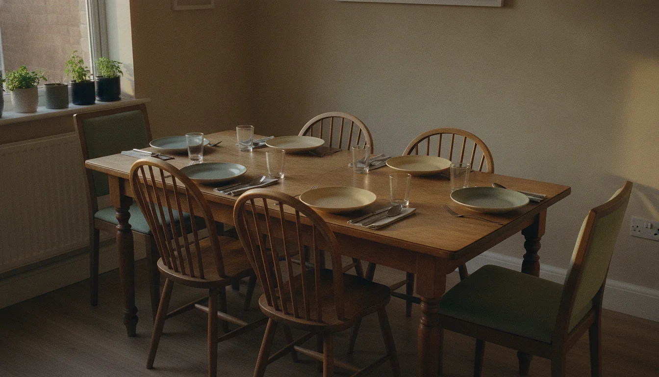 A dining table laid for five with plates and chairs drawn from two clearly different sets.