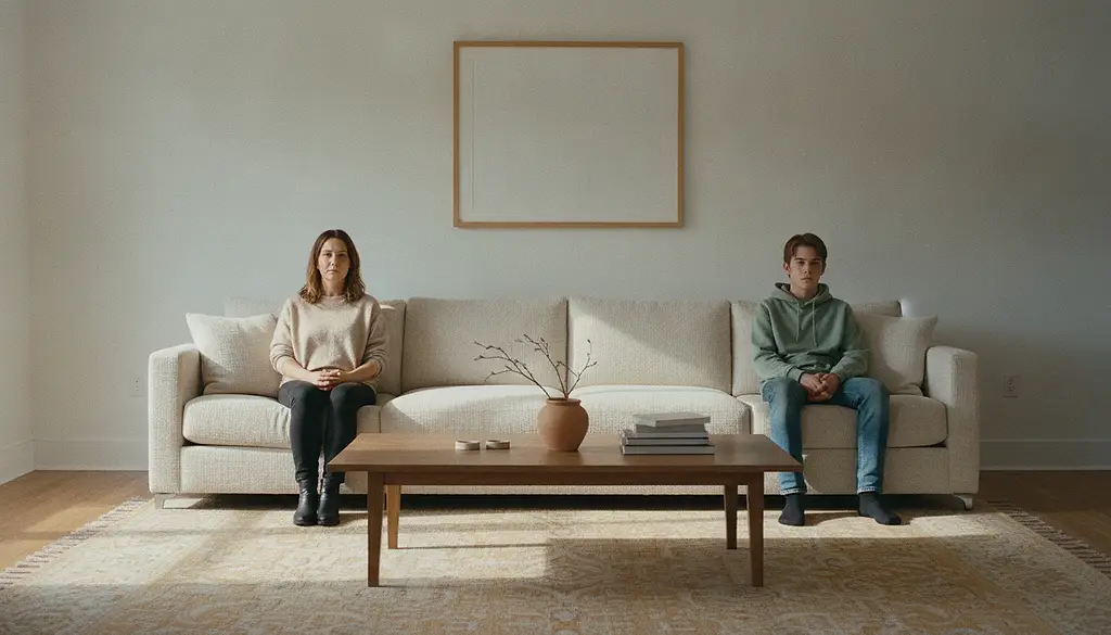 A sofa in a family room with two people sitting at opposite ends and a clear gap of empty cushion between them.