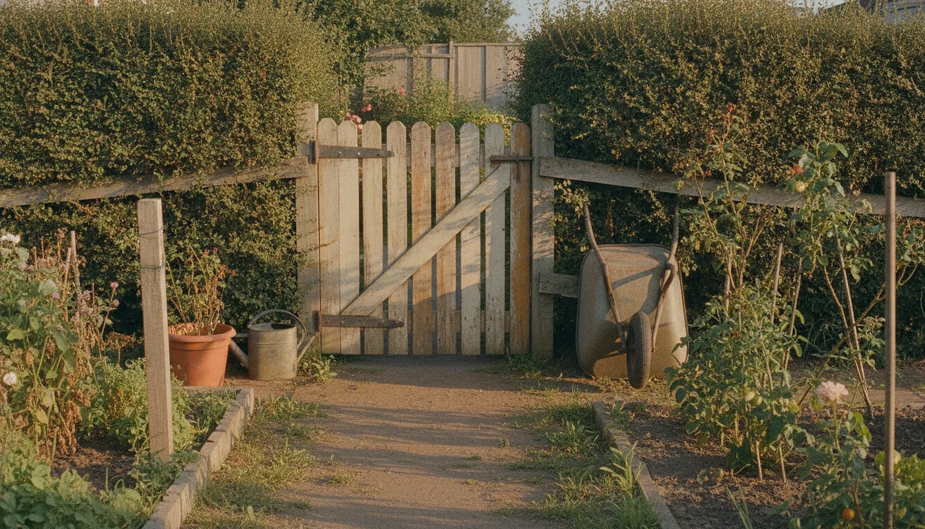 A low garden gate between two gardens, its simple latch closed, a worn path on either side.