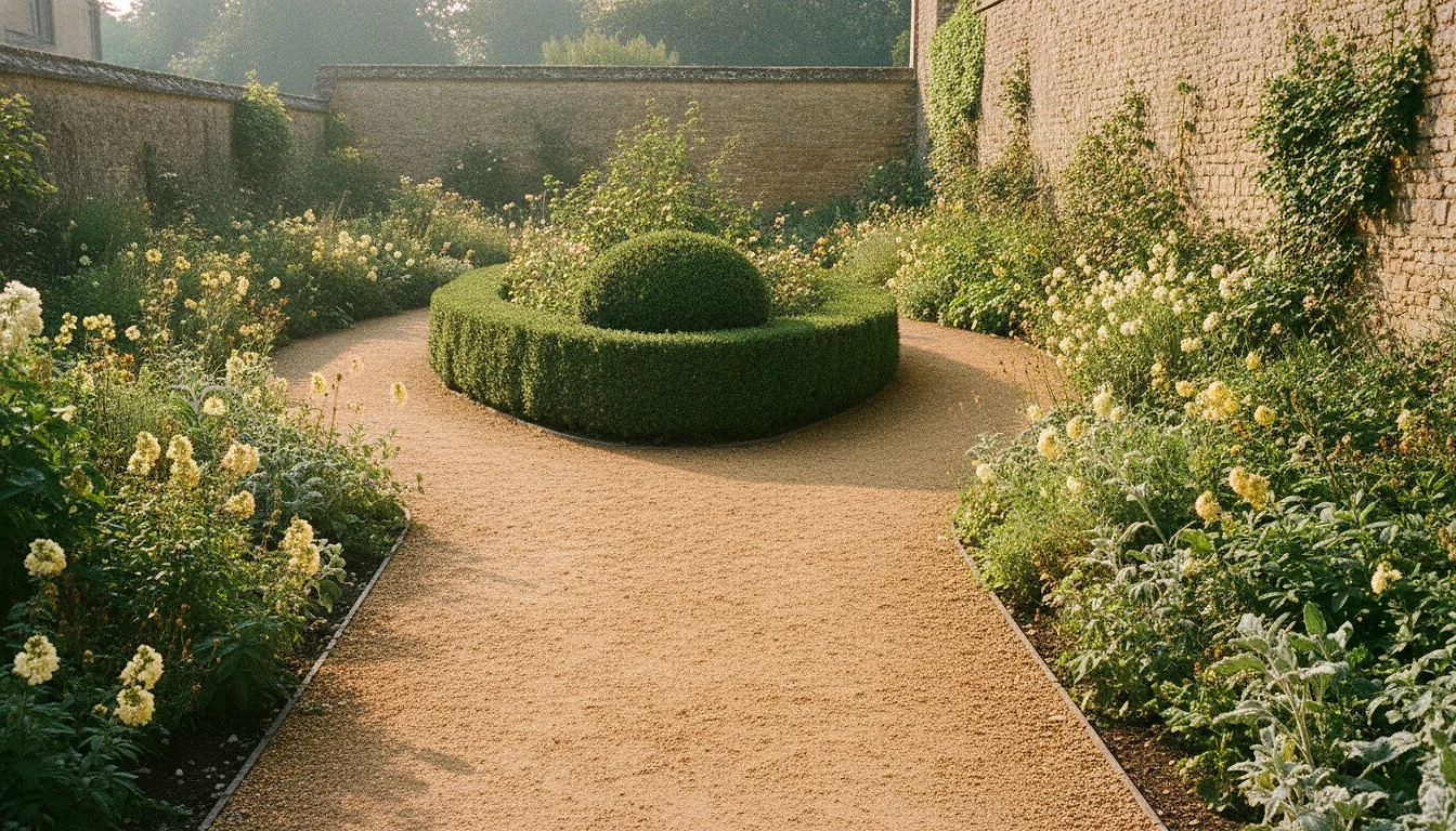 A gravel path in an old walled garden splitting into two ways around a clipped hedge, no one on either branch.