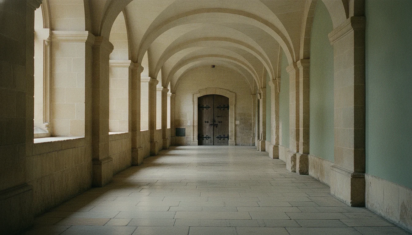 A long stone cloister corridor with arched openings on one side and a single closed wooden door at the far end.
