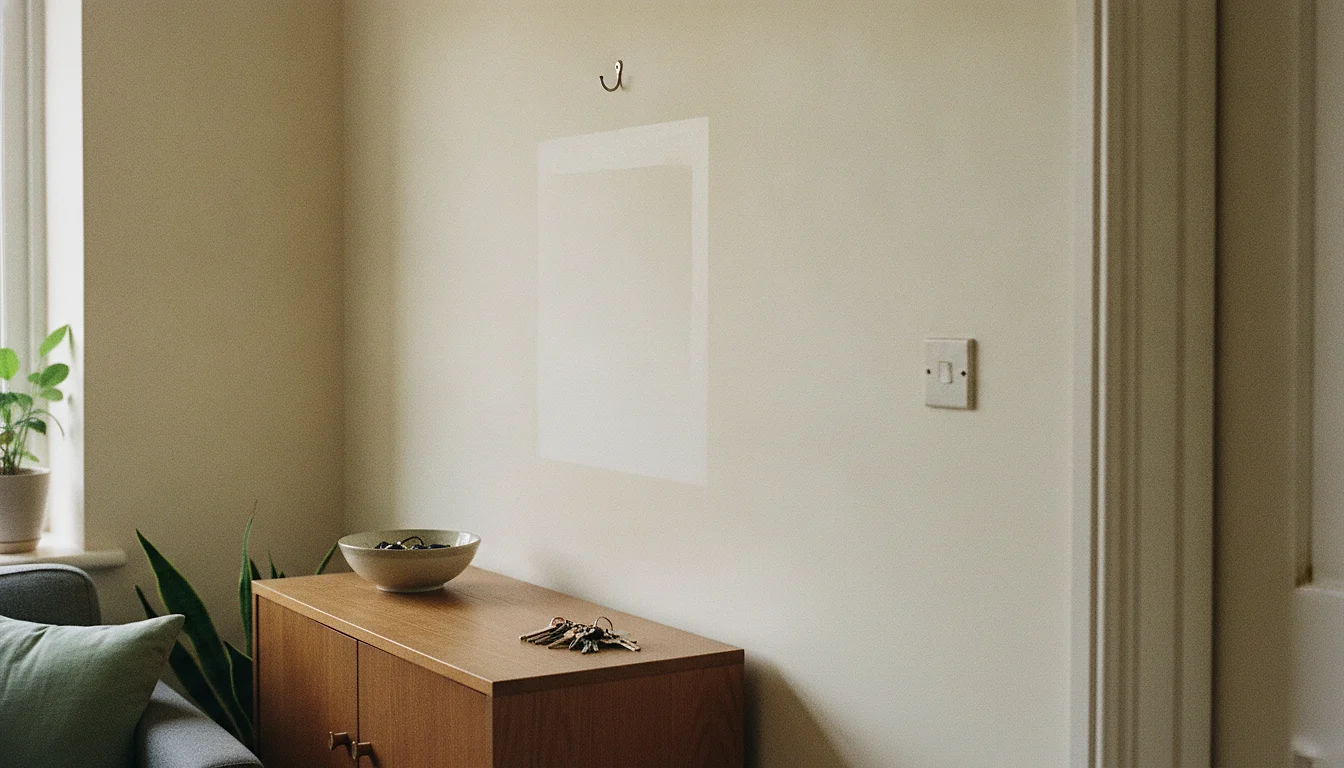 A hallway wall with a bright unfaded rectangle where a framed picture once hung, a bare hook above it.
