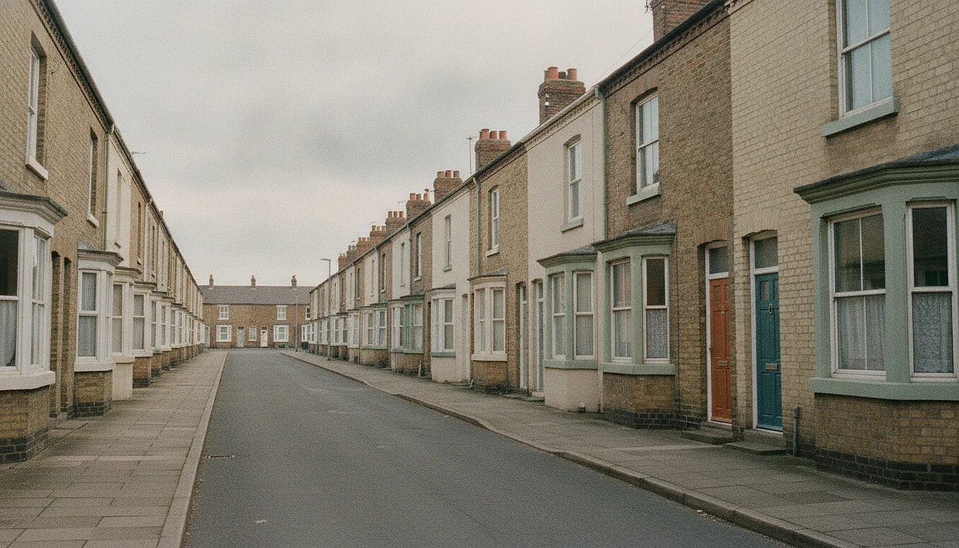 A street of nearly identical brick terraced houses with one front door painted a different warm colour.