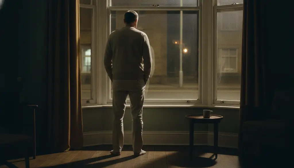 A man in his fifties stands at a dark bay window at night, seen from behind, hands in his pockets.