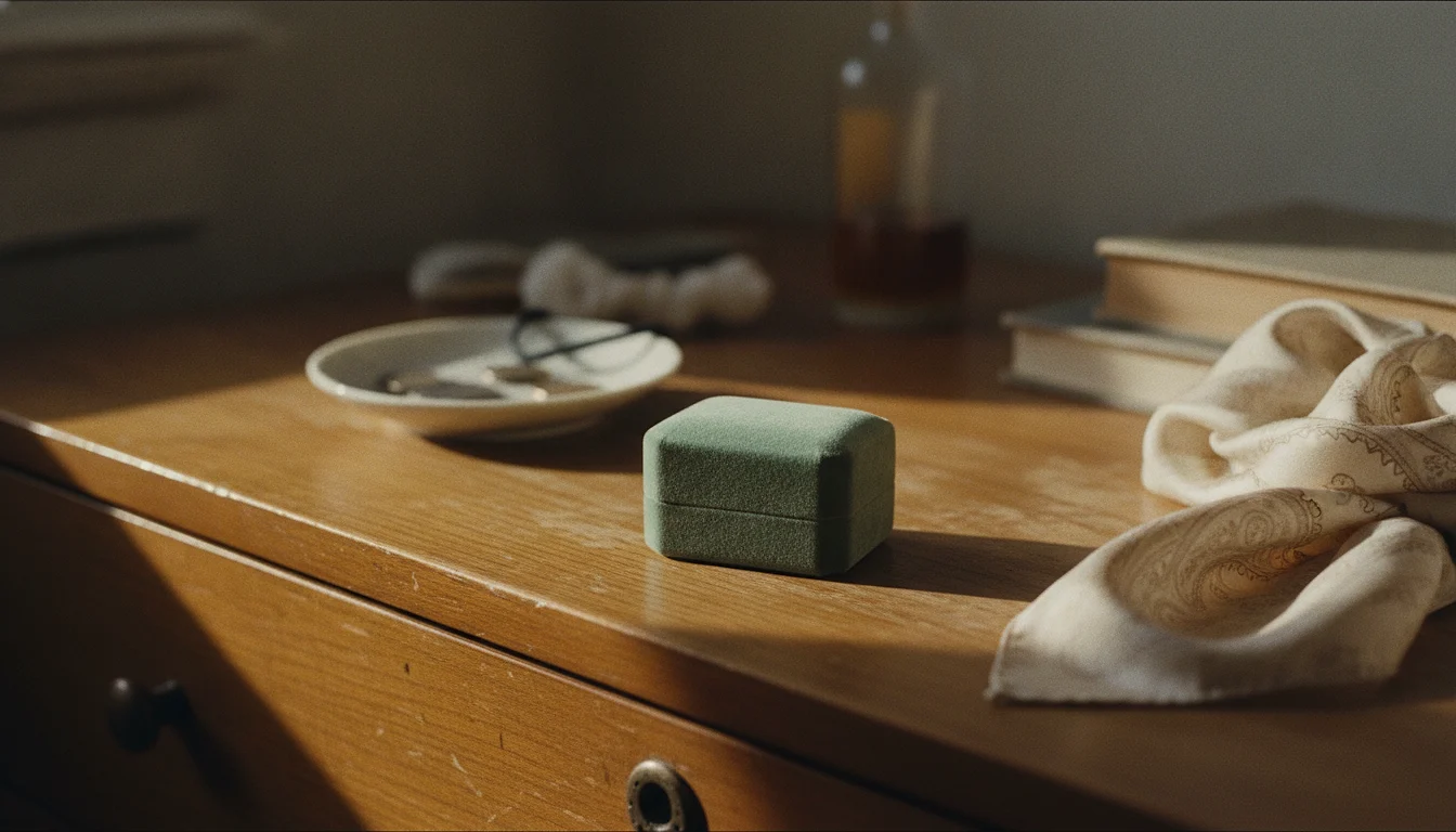 A small closed ring box on a wooden dresser by a window, morning light across it, nothing else staged around it.