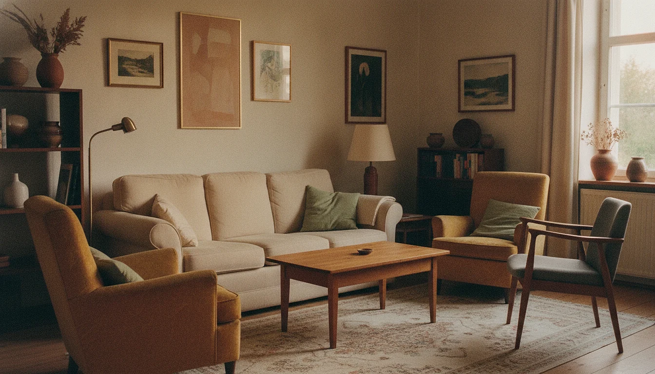 A living room with a worn sofa and armchairs arranged in a close circle, and one newer chair standing slightly outside it.