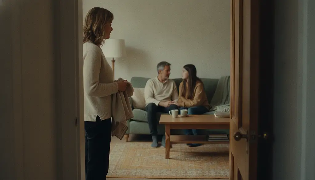 Seen from a hallway, a woman stands in a doorway holding a folded cloth, watching a man and a teenage girl talking on a sofa.