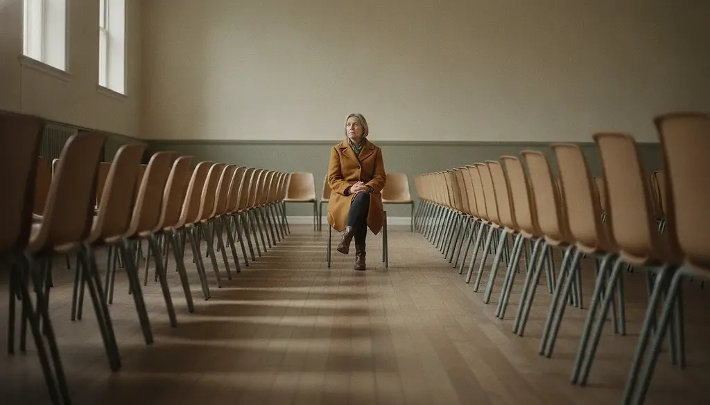 A woman sits alone in the back row of an empty village hall, coat still on, hands in her lap.