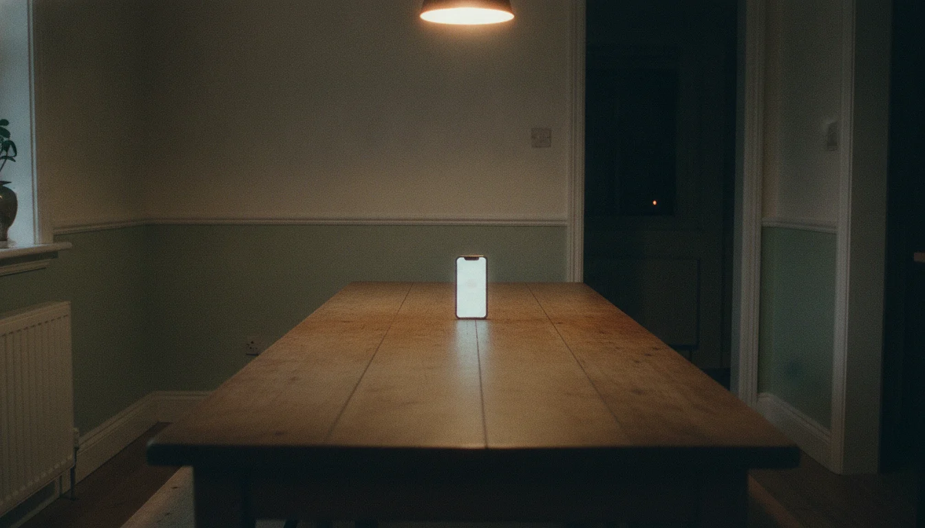 A long dining table seen from an empty near end, a phone lying face-up and glowing at the far end.