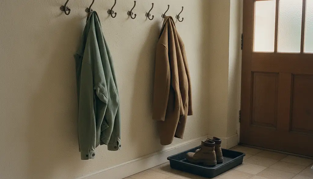 Two coats hang on the same row of hooks by a back door — one crumpled as if just worn, the other hanging flat and undisturbed.