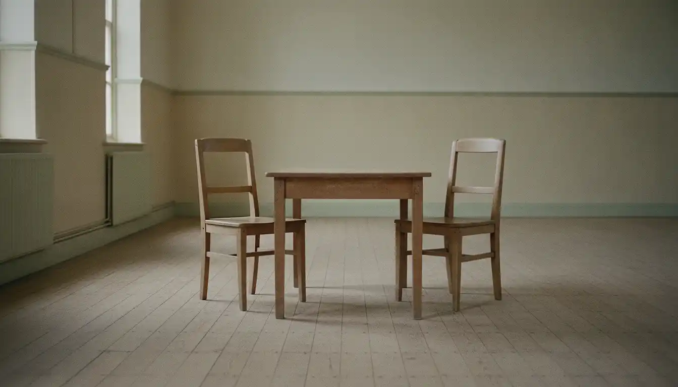 Two plain wooden chairs stand a table's width apart, turned slightly toward each other, in an empty hall with tall windows.