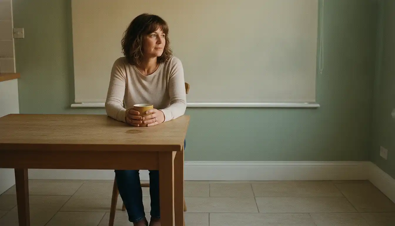 A woman in her forties sits at a kitchen table in early-morning light, both hands around a mug, looking past the camera.