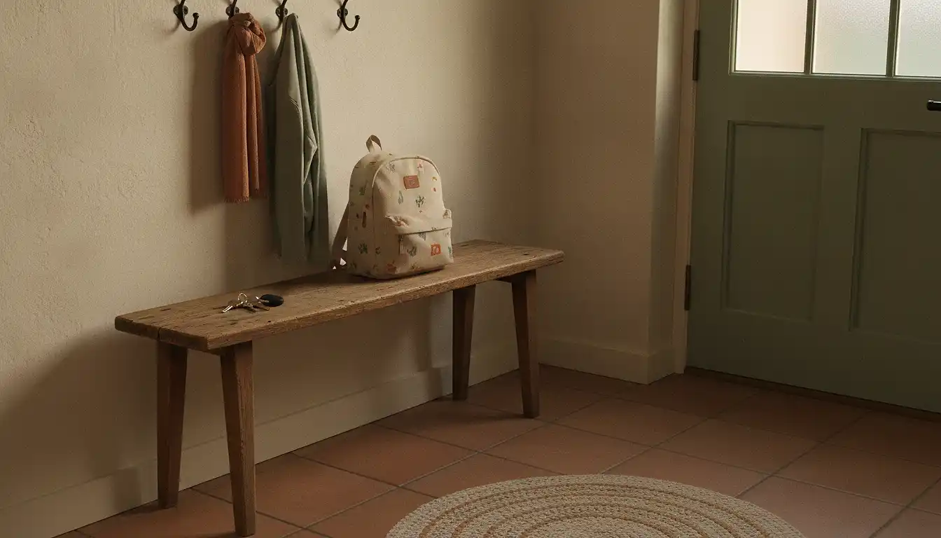 A hallway bench by a front door with two sets of house keys and a child's small canvas backpack resting on it.