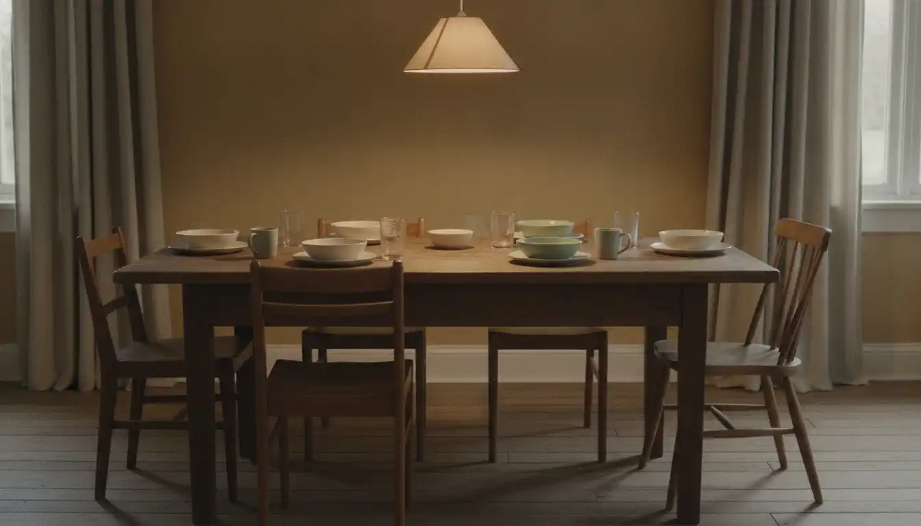A dining table laid for five in the evening, with one chair pushed back from an untouched place setting.