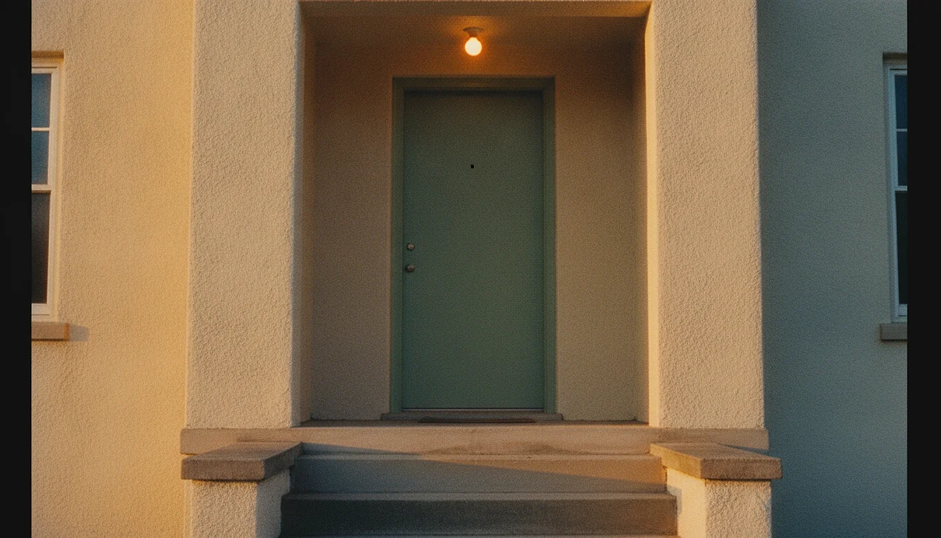 A front porch at dusk with the door closed and the porch light on, empty steps in the foreground.