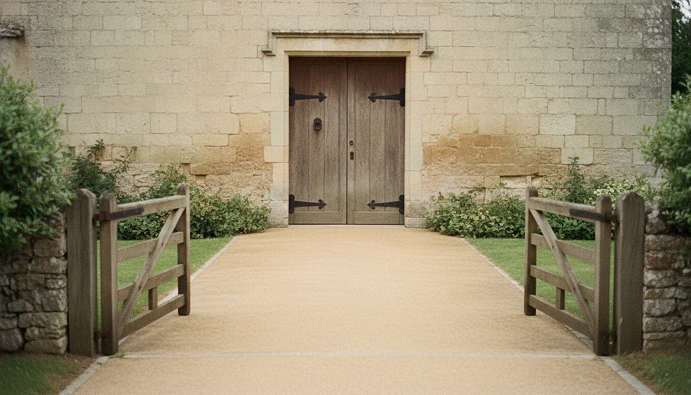 A closed wooden church door seen from a distance down a paved path, with a low open gate in the foreground.