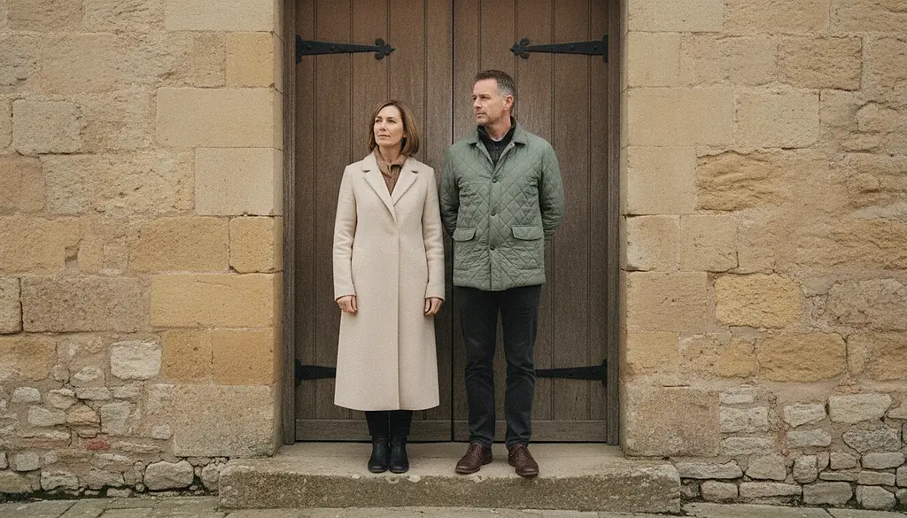A couple in their forties stand on a stone step outside a plain closed door, coats on, not touching.