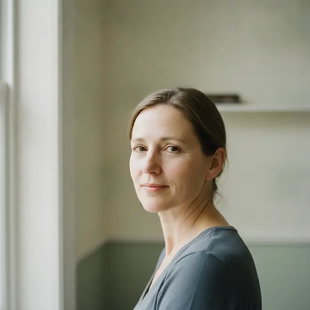 A woman in her fifties in a plain slate-blue top, turned three-quarters towards the camera in soft light from a window beside her, a blurred cream wall and the edge of a shelf behind her.