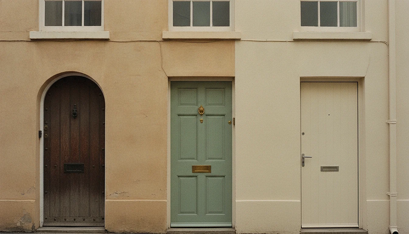 Three different old front doors in a row along one street, each a different style and colour, all closed.