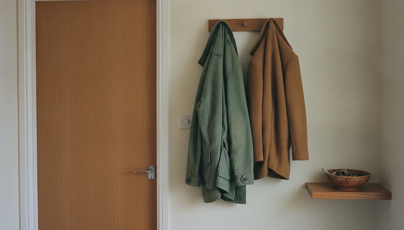 Two adult coats on adjacent hooks inside a closed front door, keys in a bowl on the shelf below.
