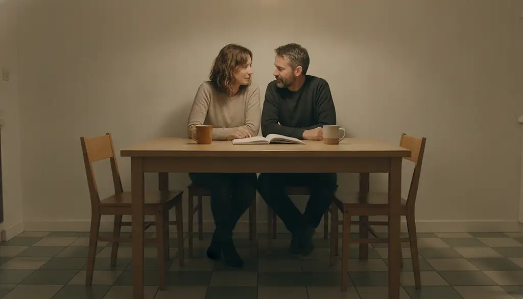 A couple sit on the same side of a kitchen table in the evening, heads bent over a shared notebook.