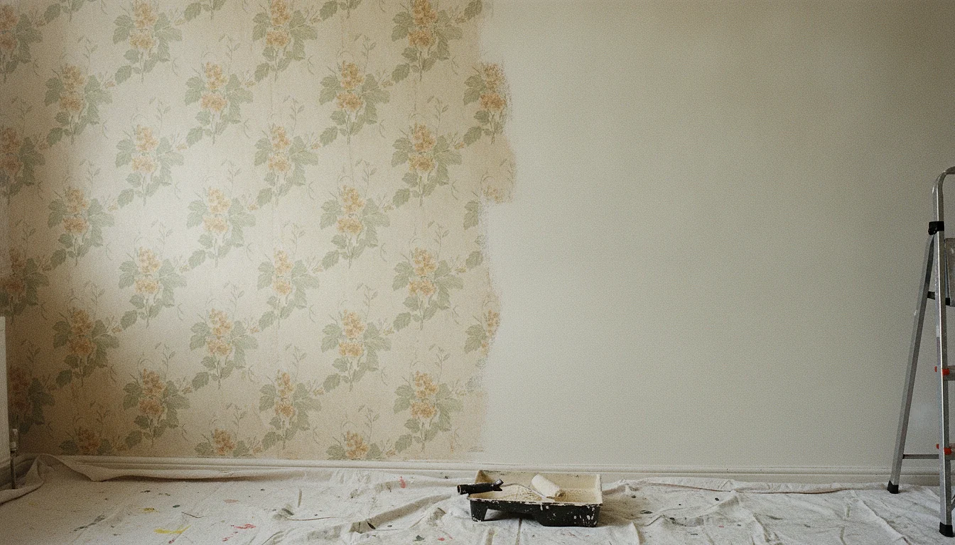 A wall half repainted in a fresh warm cream over older faded wallpaper, roller and tray resting below.