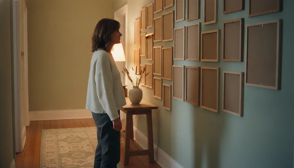 A woman in her forties stands in a hallway looking at a wall of two dozen picture frames, every one of them empty.