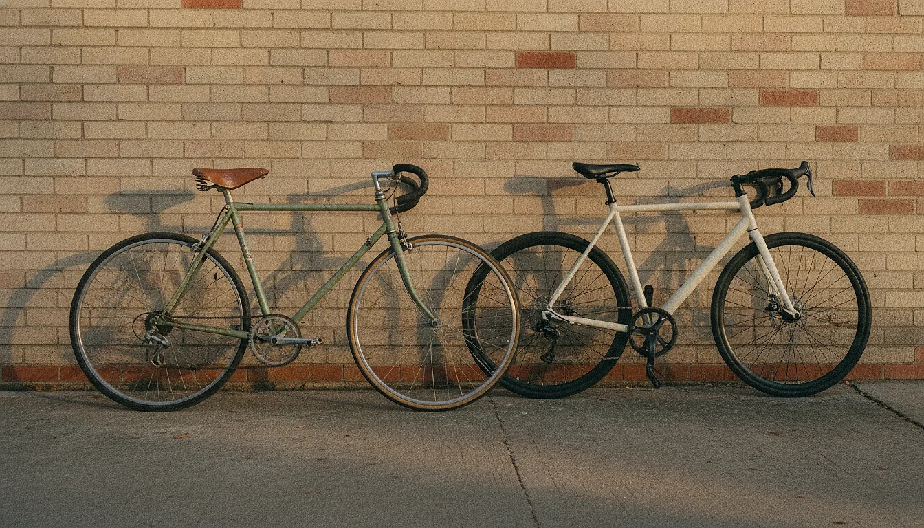 Two bicycles leaning together against a brick wall in low evening light, one older and one newer.
