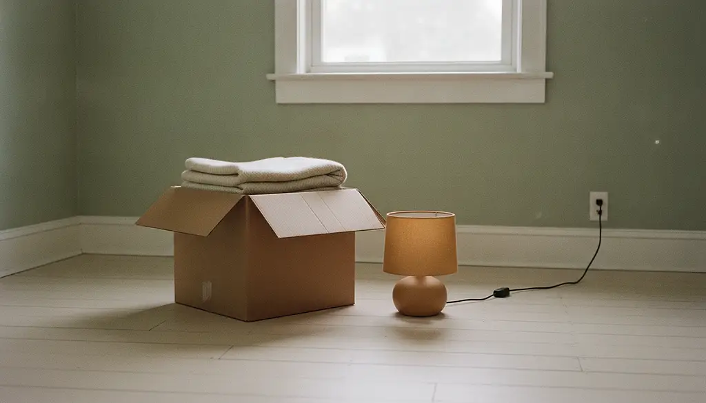 A half-unpacked cardboard box on the floor of a bare room, with a folded blanket and one lamp beside it.