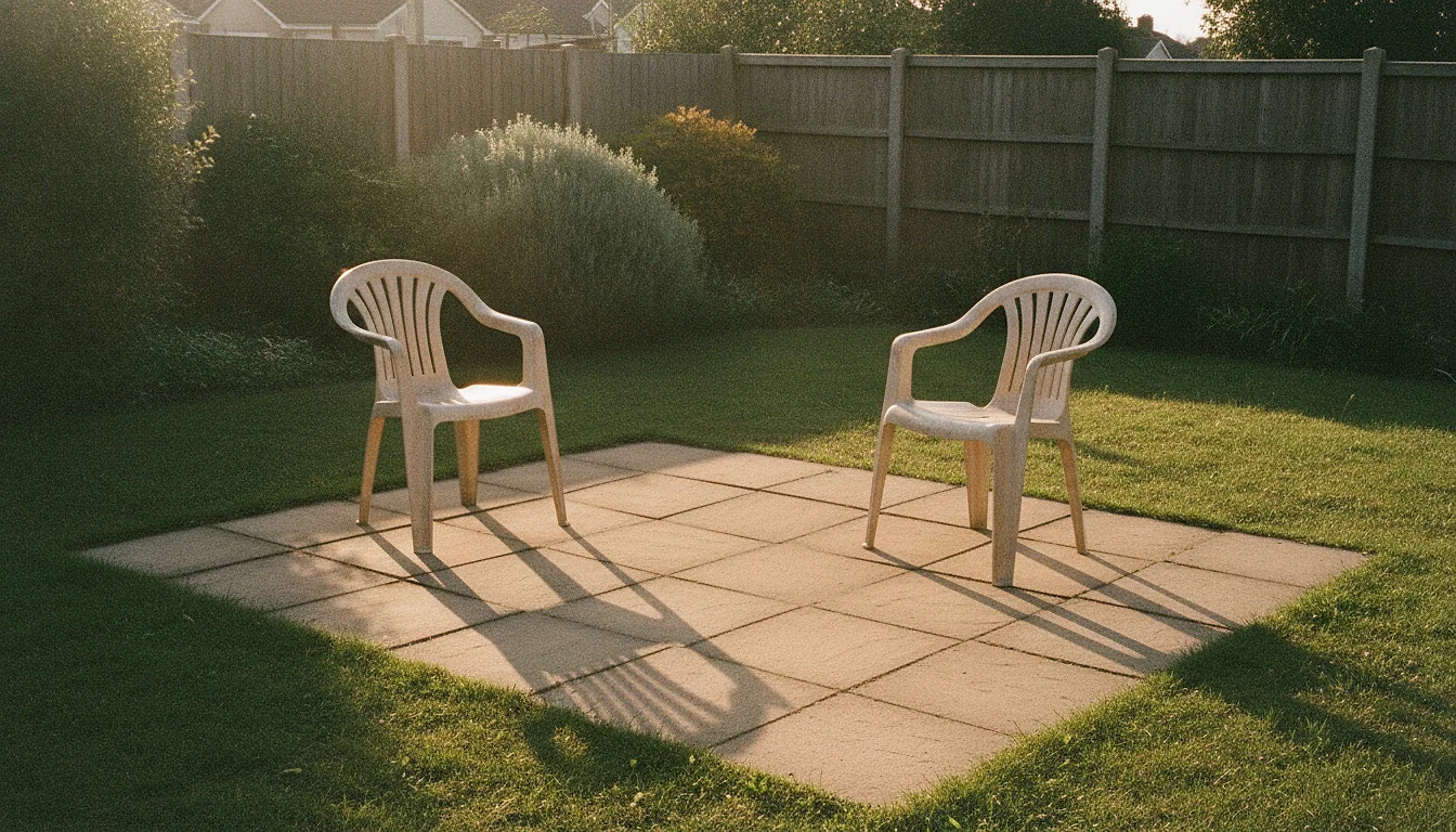 Two garden chairs on a small patio in evening light, set a few metres apart and angled slightly away from each other.