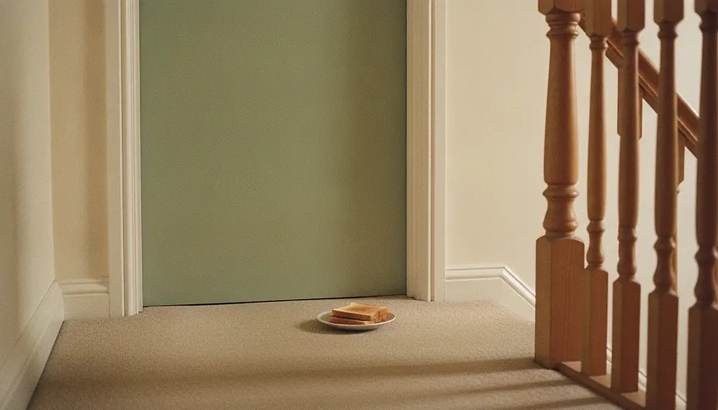 A closed bedroom door beside a staircase, with a small plate holding two slices of toast set down on the carpet outside it.