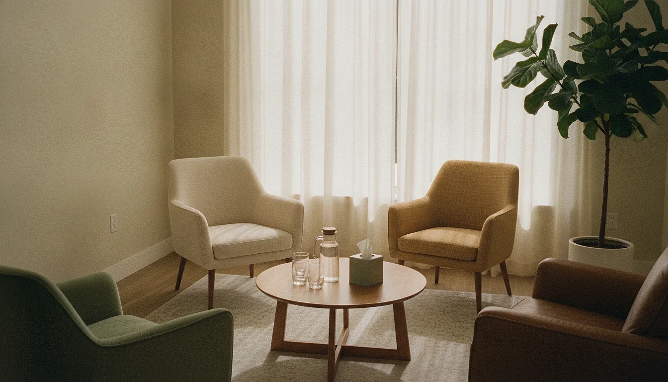 A calm practice room with four assorted chairs set in an open semicircle around a low table with a water carafe and glasses.