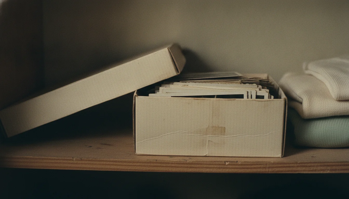 A shoebox on a closet shelf with its lid half off, old photographs lying face-down inside.