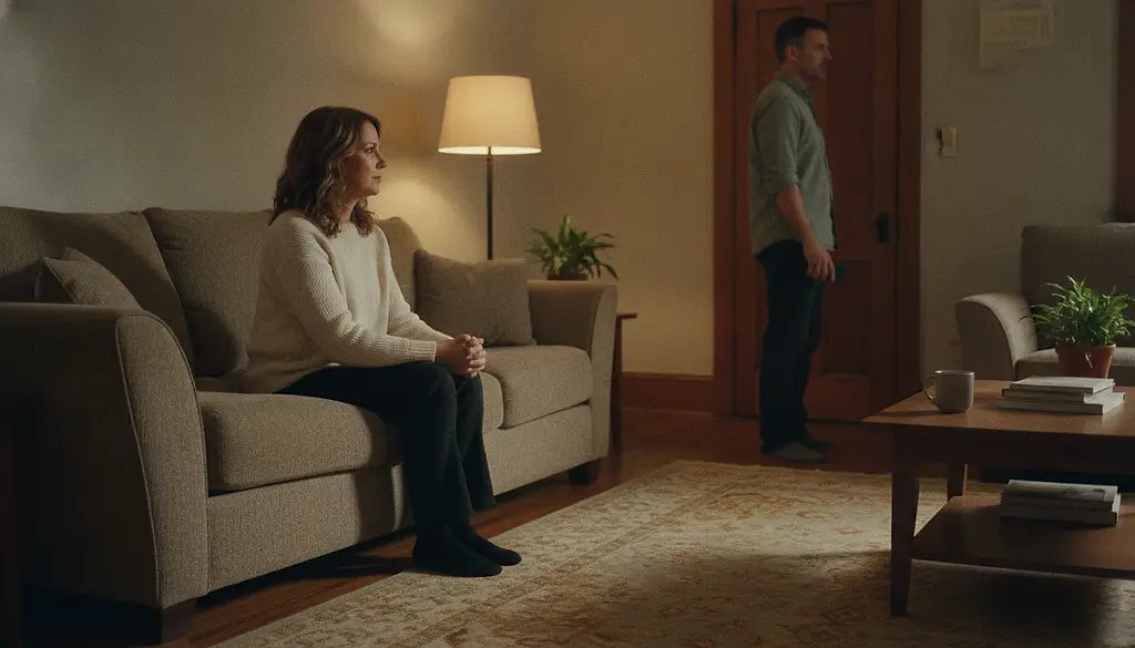 A woman sits at one end of a sofa in lamplight, watching a man who stands turned away in the doorway across the room.