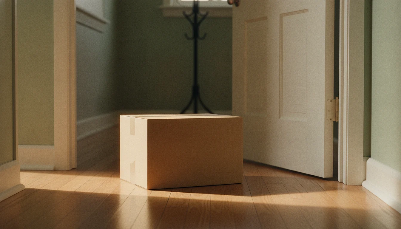 A plain cardboard box, closed and unlabelled, standing on the hall floor just inside a front door.