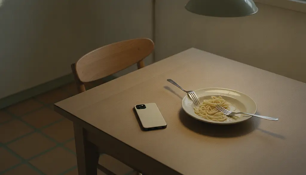 A phone lies face down on a kitchen table beside a cooling plate of food and two untouched forks.