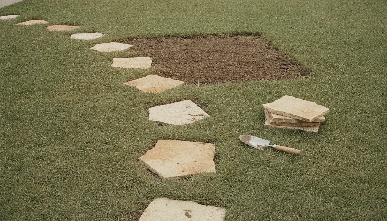 A garden path being laid stone by stone: several stepping stones set firmly, the next few still waiting in a stack.