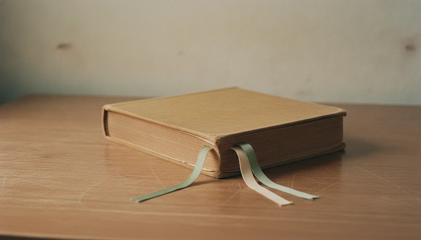 A thick closed book on a plain wooden table with two ribbon bookmarks emerging at different depths.