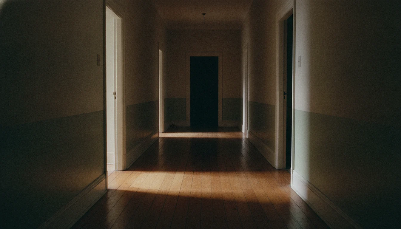 A dark home hallway at night with warm light spilling onto the floor from two open doorways on opposite sides.